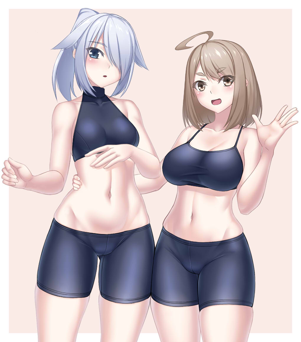 2girls, :d, :o, ahoge, bare_shoulders, bike_shorts, black_sports_bra, blue_eyes