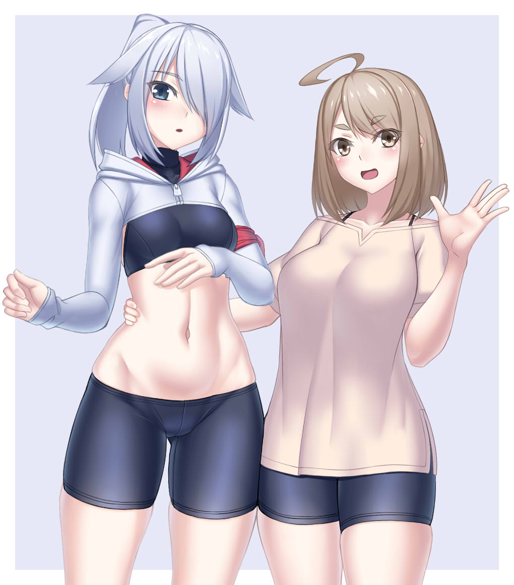 2girls, :d, :o, ahoge, armband, bare_shoulders, bike_shorts, black_sports_bra