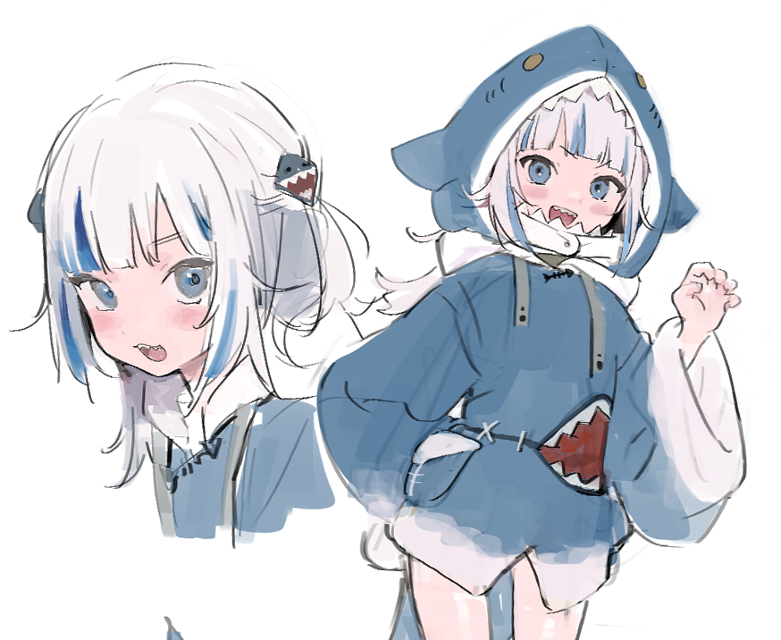 1girl, animal_costume, animal_hood, blue_eyes, blue_hair, blue_hoodie, blunt_bangs, blush