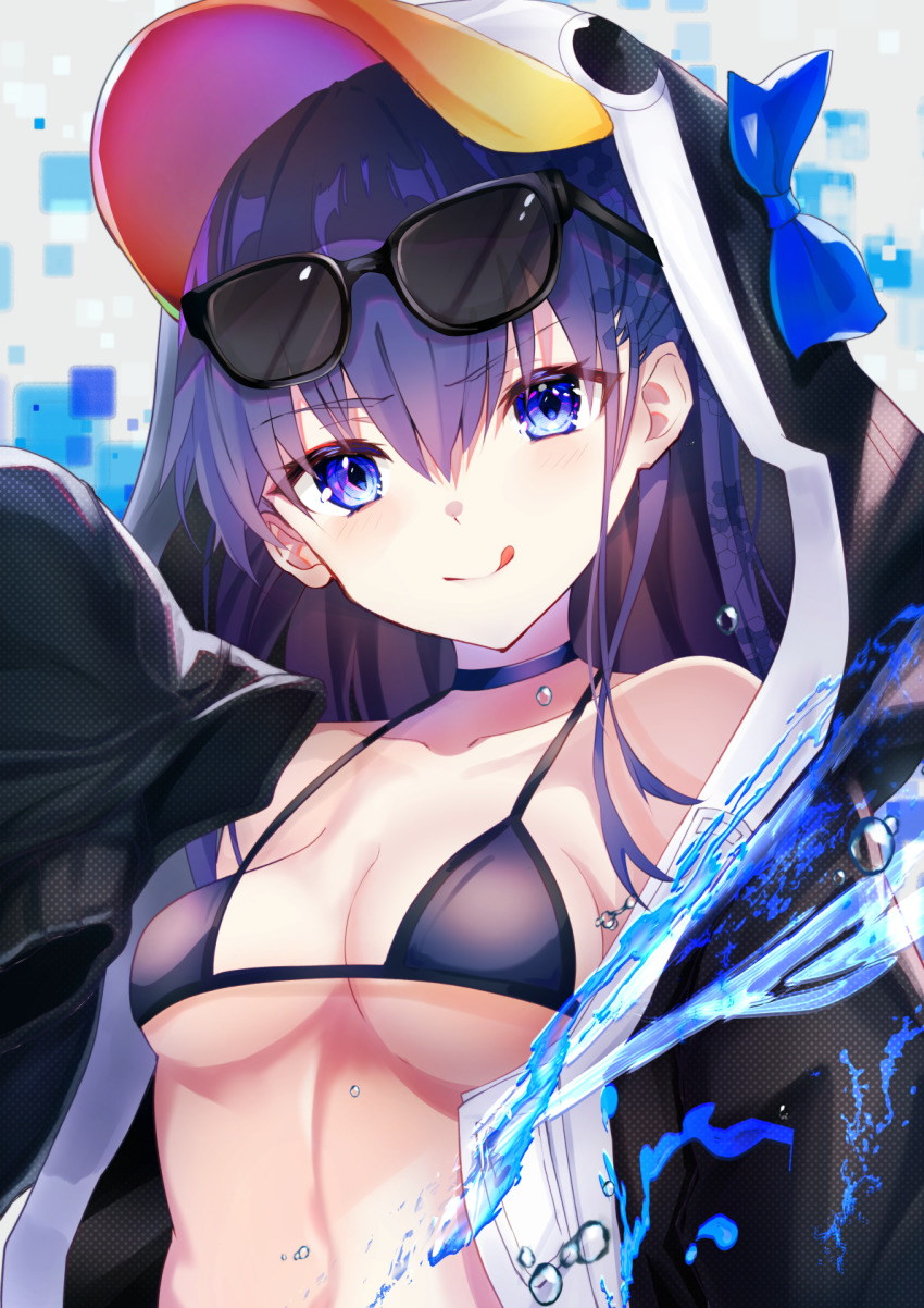 1girl, animal_hood, bare_shoulders, bikini, black_bikini, black_jacket, blue_bow, blue_eyes