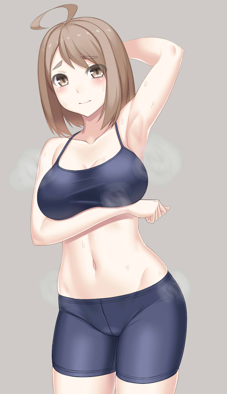 1girl, ahoge, arm_under_breasts, arm_up, armpits, bare_shoulders, bike_shorts, black_sports_bra, blush, breasts, brown_background, brown_eyes, brown_hair, chado_maki, cleavage, closed_mouth, collarbone, commentary_request, cowboy_shot, groin, hair_between_eyes, highres, large_breasts, looking_at_viewer, midriff, myouan, navel, original, presenting_armpit, short_hair, sidelocks, simple_background, skindentation, solo, sports_bra, standing, steam, sweat, taut_clothes, thick_eyebrows