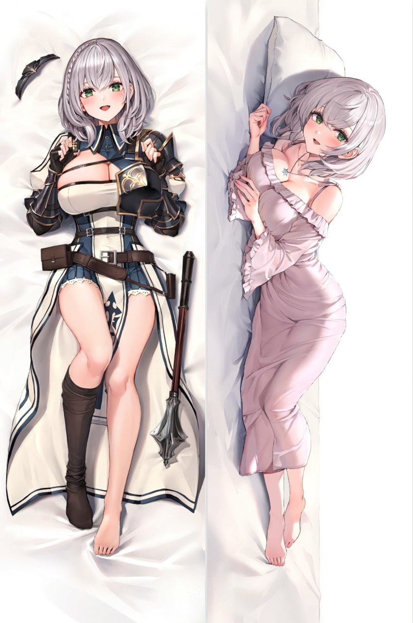 1girl, armor, asymmetrical_footwear, barefoot, bed, bed_sheet, braid, breasts