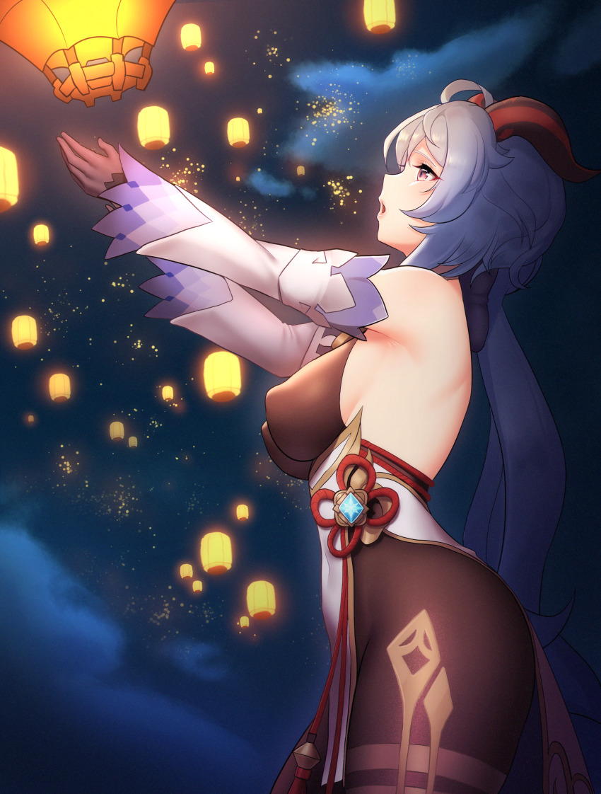 1girl, absurdres, ahoge, armpits, arms_up, black_gloves, black_legwear, blue_hair, blush, breasts, chinese_knot, covered_erect_nipples, detached_sleeves, dochi_(ssakey787), flower_knot, from_side, ganyu_(genshin_impact), genshin_impact, gloves, gold_trim, highres, horns, jewelry, lantern, long_hair, looking_to_the_side, low_ponytail, medium_breasts, night, open_mouth, ponytail, purple_eyes, red_rope, rope, sideboob, solo, standing, tassel, thighlet, thighs, vision_(genshin_impact), white_sleeves