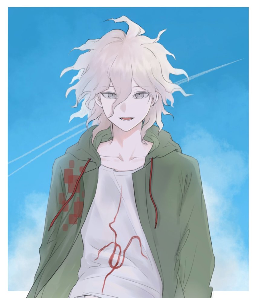 1boy, :d, blue_background, border, danganronpa_(series), danganronpa_2:_goodbye_despair, green_jacket, grey_eyes, grey_hair, grey_shirt, hair_between_eyes, highres, hood, hood_down, hooded_jacket, jacket, komaeda_nagito, long_sleeves, lower_teeth_only, male_focus, messy_hair, open_clothes, open_jacket, open_mouth, shirt, shirt_print, short_hair, smile, solo, teeth, ujuui_msmz, upper_body, white_border