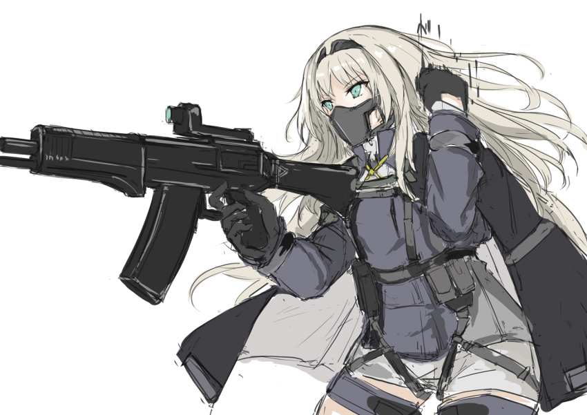 1girl, an-94, an-94_(girls'_frontline), aqua_eyes, arm_up, assault_rifle, black_cloak, black_gloves