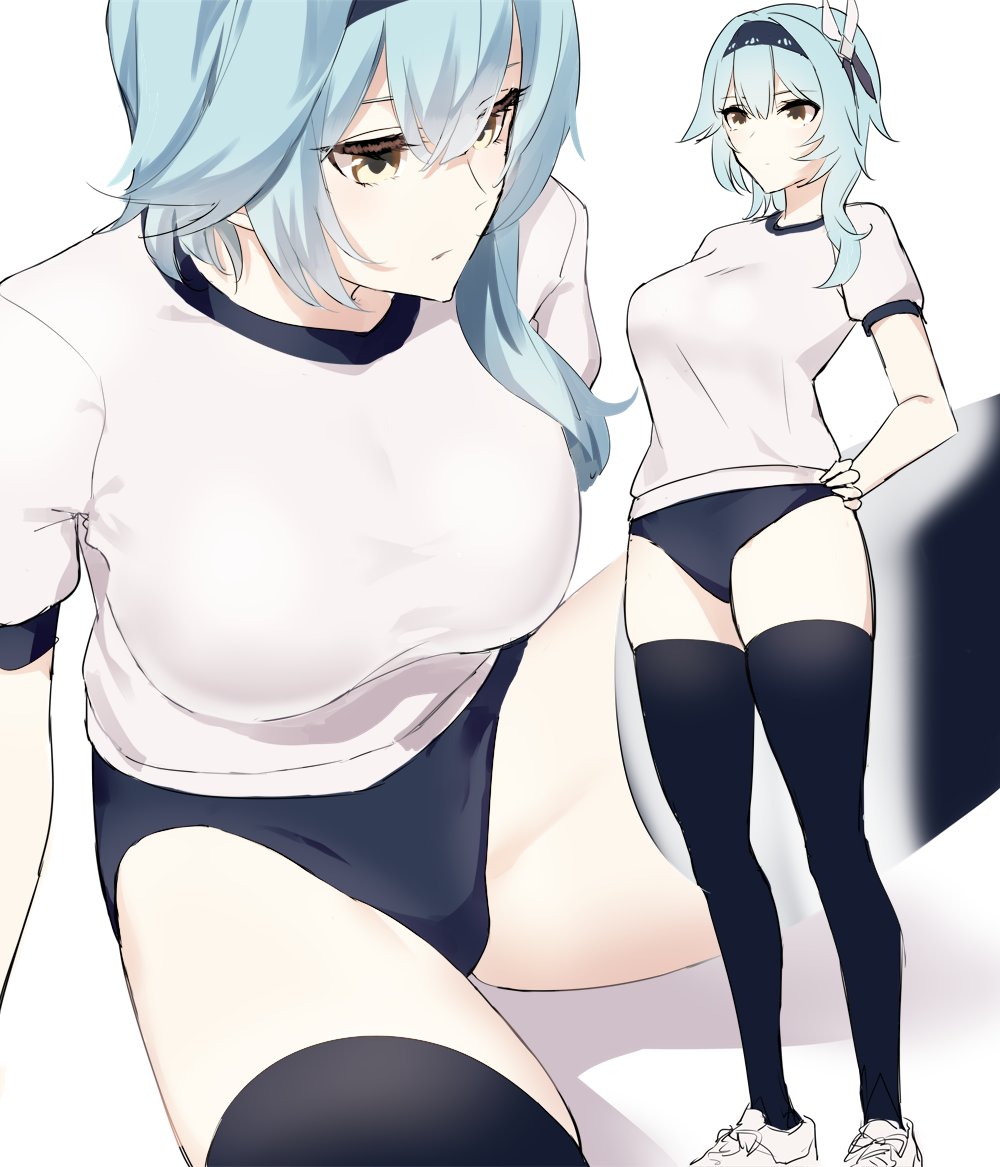 1girl, alternate_costume, black_buruma, black_hairband, black_thighhighs, blue_hair, breasts, buruma, eula_(genshin_impact), genshin_impact, gym_shirt, gym_uniform, hairband, medium_breasts, medium_hair, multiple_views, shirt, simple_background, sketch, stardust-kun, thighhighs, white_background, yellow_eyes