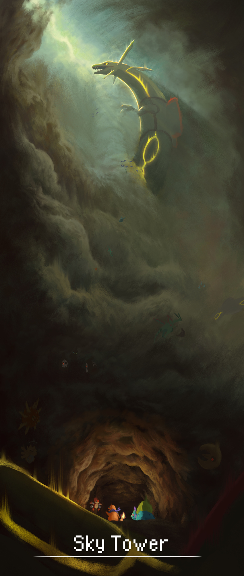 absurdres, black_sclera, bulbasaur, cave, charmander, claws, cloud, colored_sclera