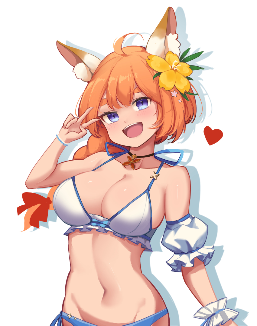 1girl, absurdres, ahoge, animal_ears, bare_shoulders, bikini, blue_eyes, eight-tailed_fox_nari