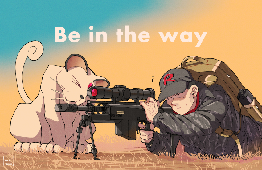 1boy, ?, alternate_costume, artist_logo, backpack, bag, baseball_cap, bipod, black_eyes, bottle, brown_bag, camouflage, camouflage_jacket, cat, commentary_request, english_text, finger_on_trigger, gen_1_pokemon, giovanni_(pokemon), gradient_background, grey_jacket, gun, hat, highres, holding, holding_weapon, how_long, jacket, licking, logo, long_sleeves, looking_to_the_side, lying, male_focus, muzzle_device, nintendo, nuzzle, on_stomach, outdoors, parted_lips, persian_(pokemon), pokemon, pokemon_(creature), pokemon_red/green/blue/yellow, rifle, scope, signature, sniper_rifle, team_rocket, water_bottle, weapon