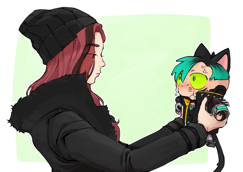 1boy, 1girl, animal_ears, apex_legends, beanie, black_eyes, black_hair, black_headwear, black_jacket, blue_eyes, border, brother_and_sister, cat_boy, cat_ears, cat_tail, chibi, colored_sclera, crying, crying_with_eyes_open, crypto_(apex_legends), fur_trim, green_background, green_sclera, hat, highres, jacket, kernel_panic_crypto, lifting_person, mila_alexander, multicolored_hair, pink_hair, rr_mui, siblings, streaked_hair, tail, tears, white_border