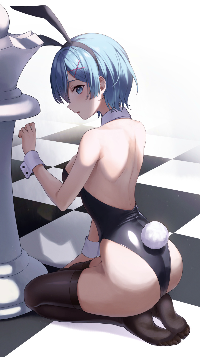 1girl, :o, absurdres, alternate_costume, animal_ears, ass, back, backless_leotard, backless_outfit, bare_arms, bare_shoulders, black_hairband, black_thighhighs, blue_eyes, blue_hair, blush, breasts, checkered_floor, chess_piece, fake_animal_ears, fake_tail, from_side, full_body, hair_ornament, hairband, hairclip, highres, leotard, looking_at_viewer, looking_to_the_side, medium_breasts, nea_(nea_77), no_shoes, parted_lips, playboy_bunny, queen_(chess), rabbit_ears, rabbit_tail, re:zero_kara_hajimeru_isekai_seikatsu, rem_(re:zero), seiza, short_hair, sideboob, simple_background, sitting, skindentation, solo, tail, thighhighs, white_background, wrist_cuffs, x_hair_ornament