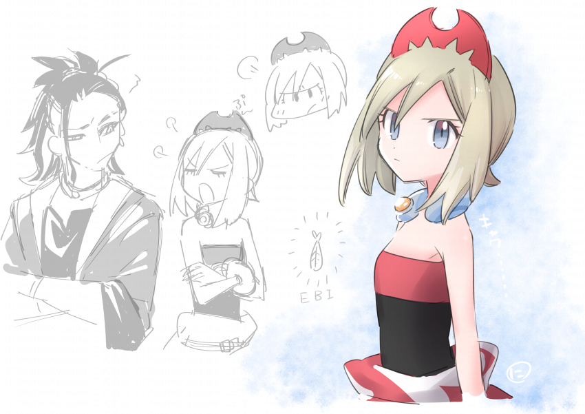 1boy, 1girl, absurdres, adaman_(pokemon), bare_arms, bare_shoulders, black_shirt, blue_eyes