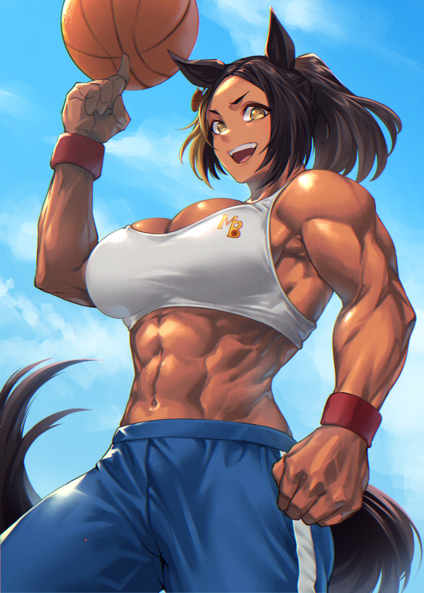 1girl, abs, ball, basketball, basketball_(object), black_hair, breasts, character_request, copyright_request, dark-skinned_female, dark_skin, feet_out_of_frame, highres, horse_girl, large_breasts, michelle_my_baby_(umamusume), midriff, mikel_(4hands), muscular, muscular_female, navel, open_mouth, outdoors, pants, ponytail, sidelocks, sky, smile, solo, sports_bra, stomach, tail, teeth, tongue, track_pants, umamusume, umamusume:_cinderella_gray, upper_teeth_only, wristband, yellow_eyes