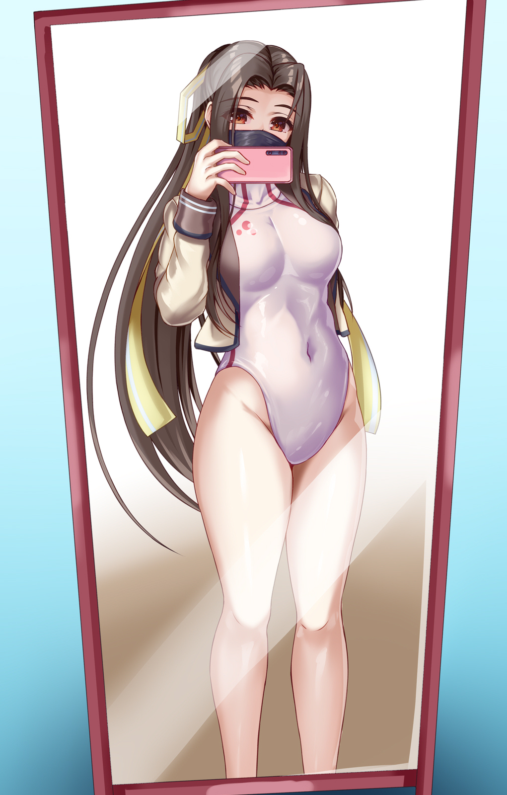 1girl, breasts, brown_eyes, brown_hair, brown_jacket, cellphone, competition_swimsuit, covered_navel, feet_out_of_frame, hair_intakes, hair_ribbon, highres, jacket, kozu_rokuta, long_hair, looking_at_viewer, mask, medium_breasts, mirror, mirror_selfie, mouth_mask, one-piece_swimsuit, open_clothes, open_jacket, original, phone, reflection, ribbon, selfie, solo, swimsuit, turtleneck, white_one-piece_swimsuit, yellow_ribbon