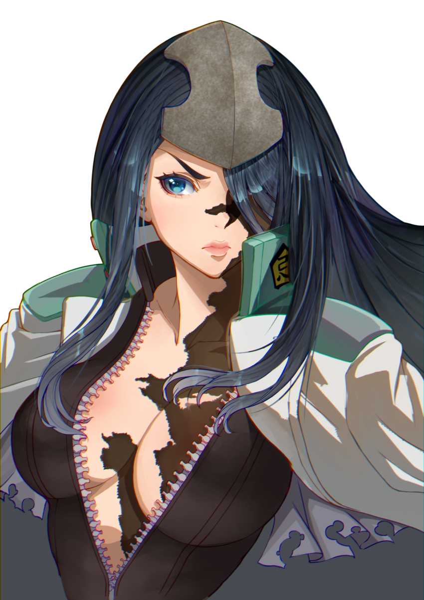 1girl, black_hair, blue_eyes, breasts, cleavage, hair_over_one_eye, highres, large_breasts