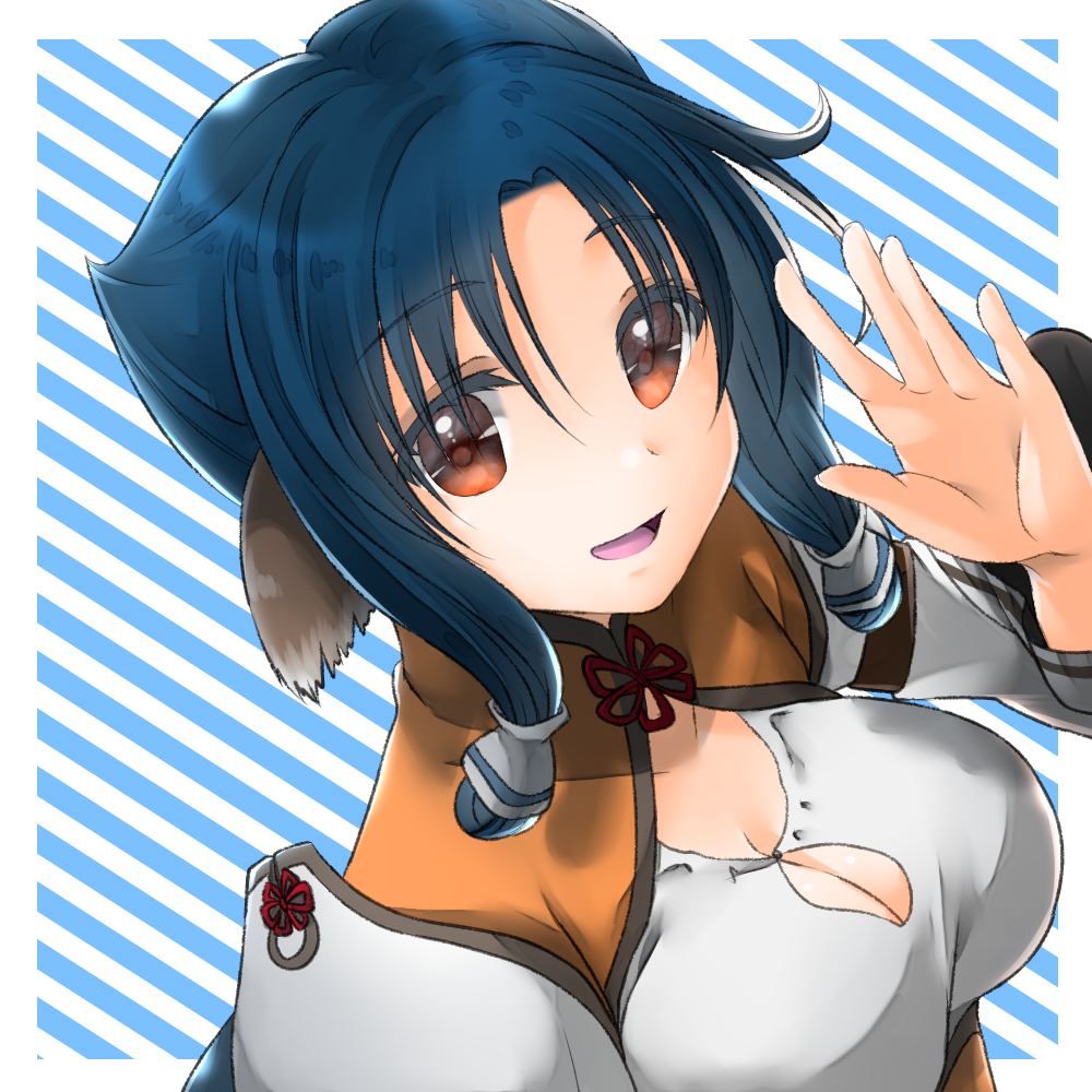 1girl, animal_ears, aquaplus, arm_up, atuy, blue_hair, breasts, breezefu00