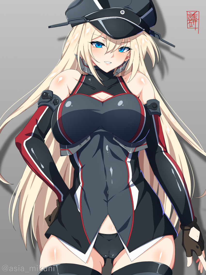 1girl, absurdres, bare_shoulders, bismarck_(kancolle), bismarck_drei_(kancolle), black_panties, blonde_hair, blue_eyes, blush, breasts, brown_gloves, cameltoe, cowboy_shot, detached_sleeves, fingerless_gloves, gloves, grey_hat, grey_thighhighs, hair_between_eyes, hat, highres, kantai_collection, large_breasts, long_hair, military, military_uniform, open_mouth, panties, peaked_cap, revision, sebunsu, signature, solo, thighhighs, twitter_username, underwear
