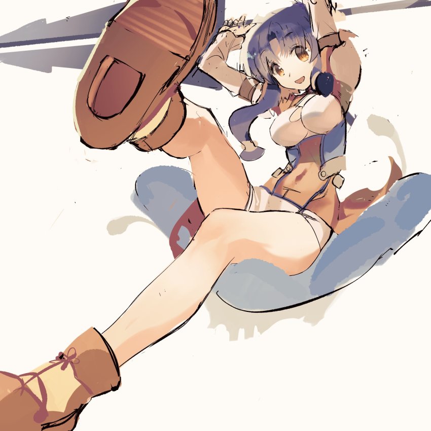 1girl, aquaplus, arms_up, atuy, bcm, blue_hair, boots, breasts