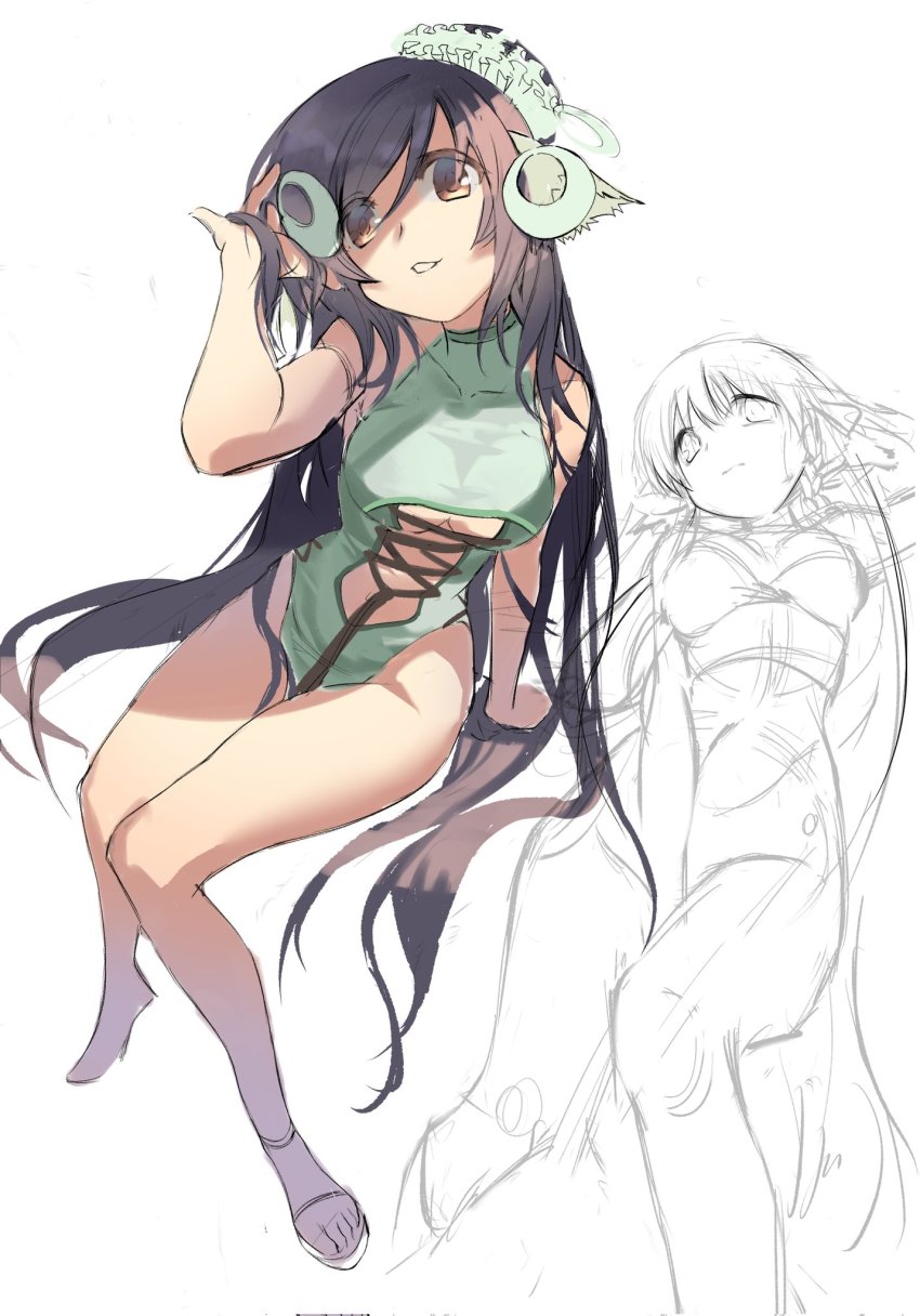 2girls, absurdly_long_hair, animal_ears, aquaplus, arm_up, bcm, between_legs, black_hair