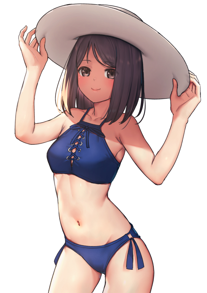 1girl, 22/7, adjusting_clothes, adjusting_headwear, bikini, blue_bikini, brown_eyes, brown_hair, closed_mouth, cowboy_shot, hat, hiiragi_tsubomi, lace-up, looking_at_viewer, medium_hair, nagareboshi, navel, side-tie_bikini_bottom, simple_background, smile, solo, standing, sun_hat, swept_bangs, swimsuit, white_background, white_hat