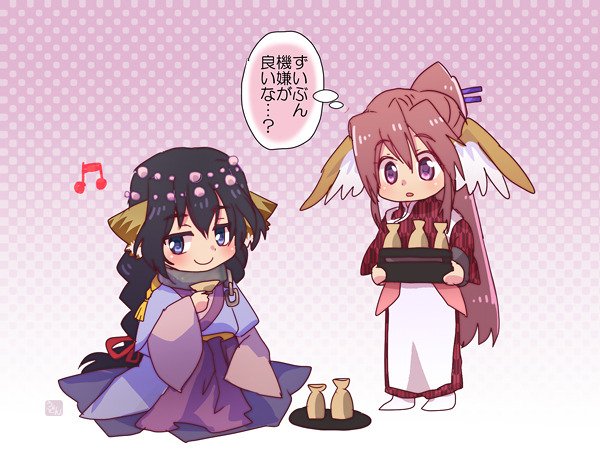 2girls, absurdly_long_hair, aiknwuriknru, alcohol, animal_ears, aquaplus, blue_eyes, blue_kimono