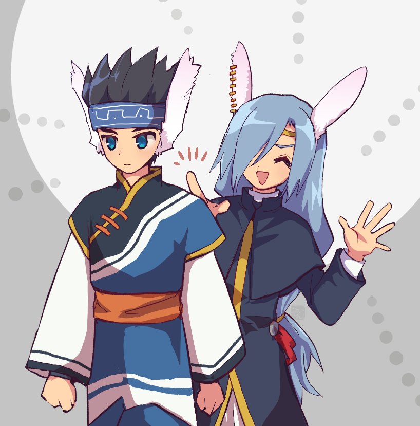 2boys, aiknwuriknru, ainu_clothes, animal_ears, aquaplus, arms_up, black_hair, blue_eyes, blue_hair, cowboy_shot, earrings, closed_eyes, hair_between_eyes, hair_over_one_eye, hairband, hauenkwa, headband, hien_(utawarerumono), jewelry, long_hair, long_sleeves, low-tied_long_hair, multiple_boys, open_mouth, orange_sash, sash, short_hair, spiked_hair, utawarerumono, very_long_hair, walking