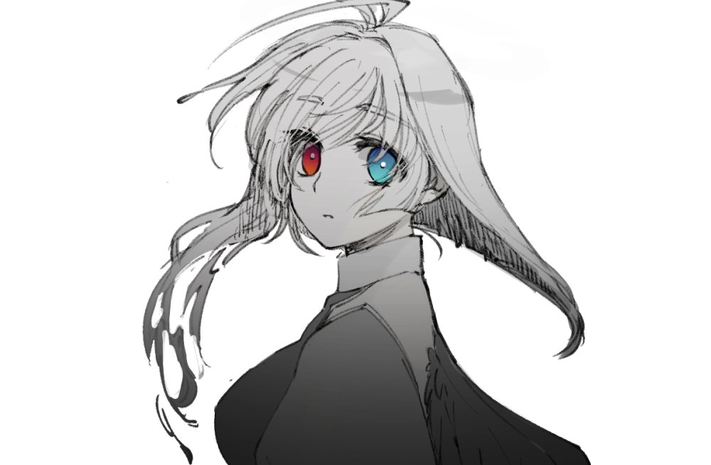 1girl, ahoge, aquaplus, blue_eyes, breasts, feathered_wings, from_side, hair_between_eyes