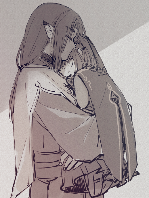 1boy, 1girl, age_difference, ainu_clothes, animal_ears, aquaplus, brother_and_sister, carrying, carrying_person, closed_eyes, closed_mouth, dress, eyes_visible_through_hair, family, fingernails, from_side, greyscale, hair_between_eyes, hair_over_shoulder, hair_ribbon, height_difference, holding, holding_person, kryutaware, long_hair, long_sleeves, mole, mole_under_eye, monochrome, nekone_(utawarerumono), nose, parted_lips, pointy_ears, ribbon, siblings, sidelocks, twintails, ukon_(utawarerumono), utawarerumono, utawarerumono:_itsuwari_no_kamen