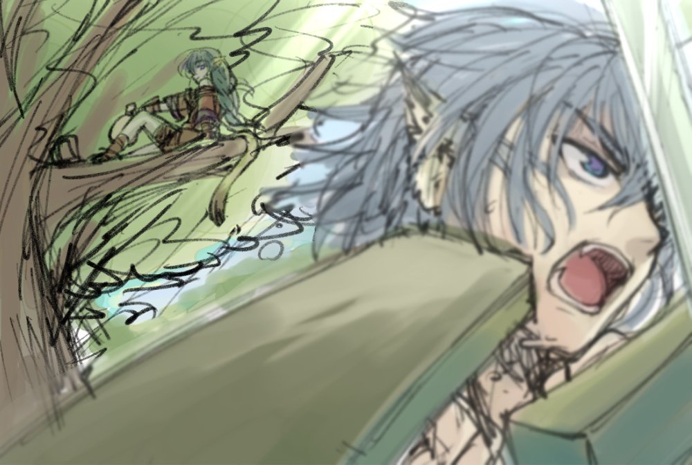 1boy, 1girl, age_difference, aged_down, animal_ears, aquaplus, blue_eyes, blue_hair