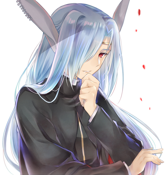 1boy, animal_ears, aquaplus, arm_up, blue_hair, crossed_arms, earrings, from_side