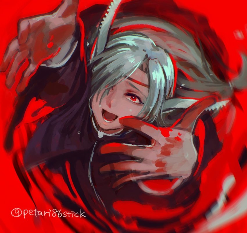 1boy, animal_ears, aquaplus, arms_up, blood, blue_hair, earrings, from_above, hair_between_eyes, hair_over_one_eye, hauenkwa, headband, jewelry, long_hair, looking_at_viewer, low-tied_long_hair, nose, open_mouth, petari86stick, pool_of_blood, red_eyes, sidelocks, signature, solo, teeth, tongue, utawarerumono, very_long_hair