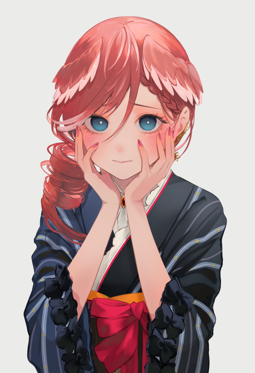 1girl, black_kimono, blue_eyes, blush, braid, brown_hair, closed_mouth, commentary, drill_hair, earrings, hair_between_eyes, hands_on_own_cheeks, hands_on_own_face, head_wings, highres, hololive, japanese_clothes, jewelry, kimono, long_hair, long_sleeves, looking_at_viewer, mirekhot, nail_polish, pink_nails, side_ponytail, simple_background, solo, untranslatable_commentary, takane_lui, takane_lui_(new_year), upper_body, virtual_youtuber, wings