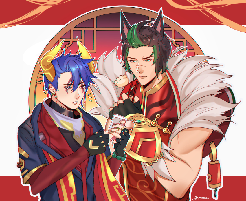 2boys, absurdres, aphelios, black_gloves, black_hair, blue_hair, blue_jacket, chopsticks