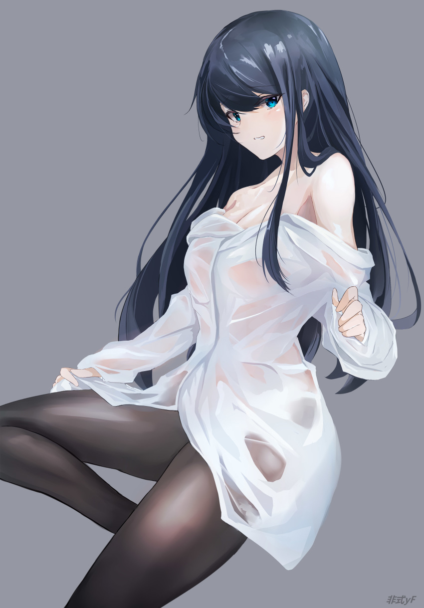 1girl, absurdres, aquaplus, bare_shoulders, black_hair, blue_eyes, breasts, cleavage