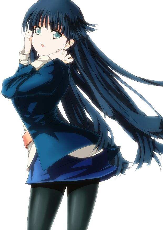 1girl, aquaplus, arms_up, ass, belt, black_hair, black_jacket, blazer