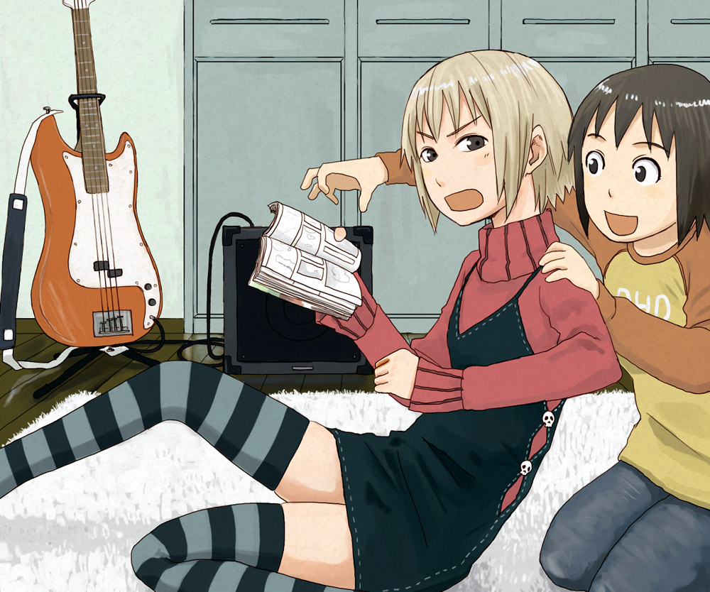 2girls, amplifier, annoyed, arashiyama_hotori, bass_guitar, blonde_hair, brown_eyes, brown_hair