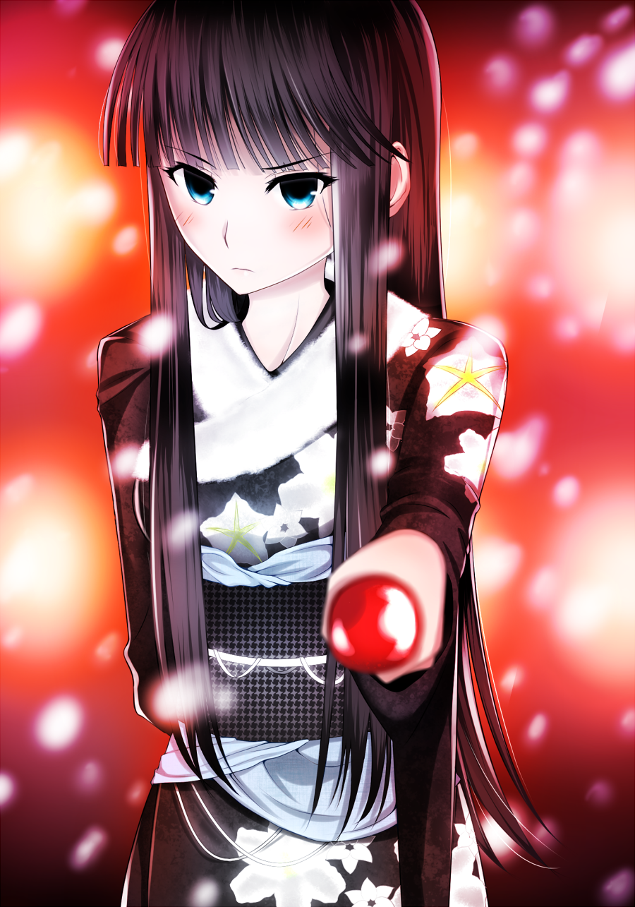 1girl, apple, aquaplus, arm_behind_back, black_hair, black_kimono, blue_eyes, blush