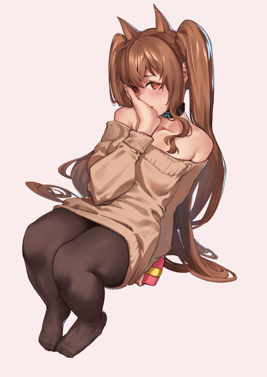 1girl, angelina_(arknights), animal_ears, arknights, bare_shoulders, black_choker, black_pantyhose, box, brown_hair, brown_sweater, choker, collarbone, commentary, fox_ears, gift, gift_box, grey_background, hand_on_own_face, highres, infection_monitor_(arknights), long_hair, long_sleeves, looking_at_viewer, mkrk_mikaerukung, no_pants, no_shoes, off-shoulder_sweater, off_shoulder, pantyhose, parted_lips, red_eyes, simple_background, solo, sweater, valentine