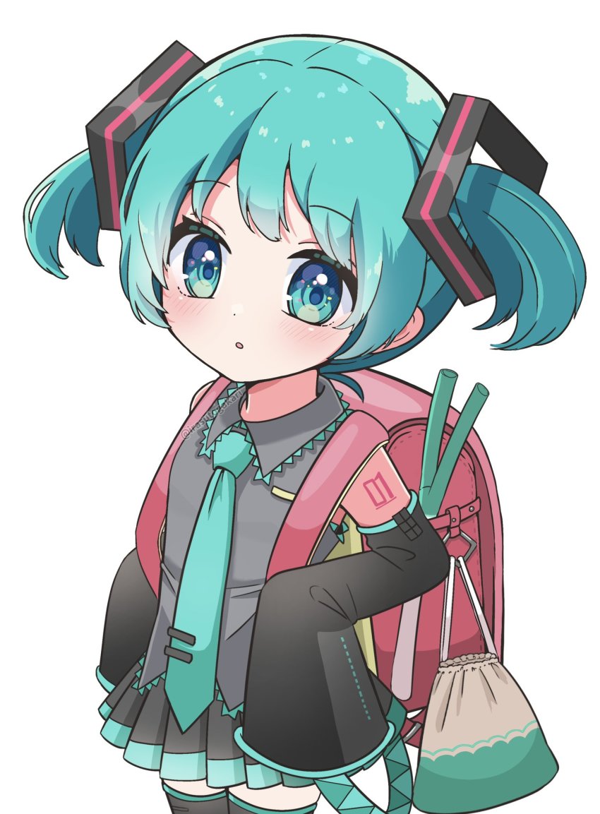1girl, :o, aged_down, aqua_eyes, aqua_hair, aqua_necktie, backpack, bag, bare_shoulders, black_skirt, black_sleeves, black_thighhighs, child, collared_shirt, commentary, cowboy_shot, detached_sleeves, grey_shirt, hair_ornament, hatsune_miku, highres, irasutogakari, light_blush, long_hair, looking_at_viewer, miniskirt, necktie, number_tattoo, parted_lips, pink_bag, pleated_skirt, randoseru, ribbon, shirt, short_hair, short_twintails, shoulder_tattoo, simple_background, skirt, sleeveless, sleeveless_shirt, sleeves_past_fingers, sleeves_past_wrists, solo, spring_onion, standing, tattoo, thighhighs, twintails, twitter_username, vocaloid, white_background