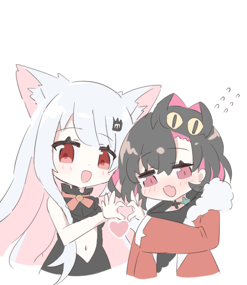 2girls, animal_ear_fluff, animal_ears, black_hair, brown_sweater, center_opening, colored_inner_hair, fox_ears