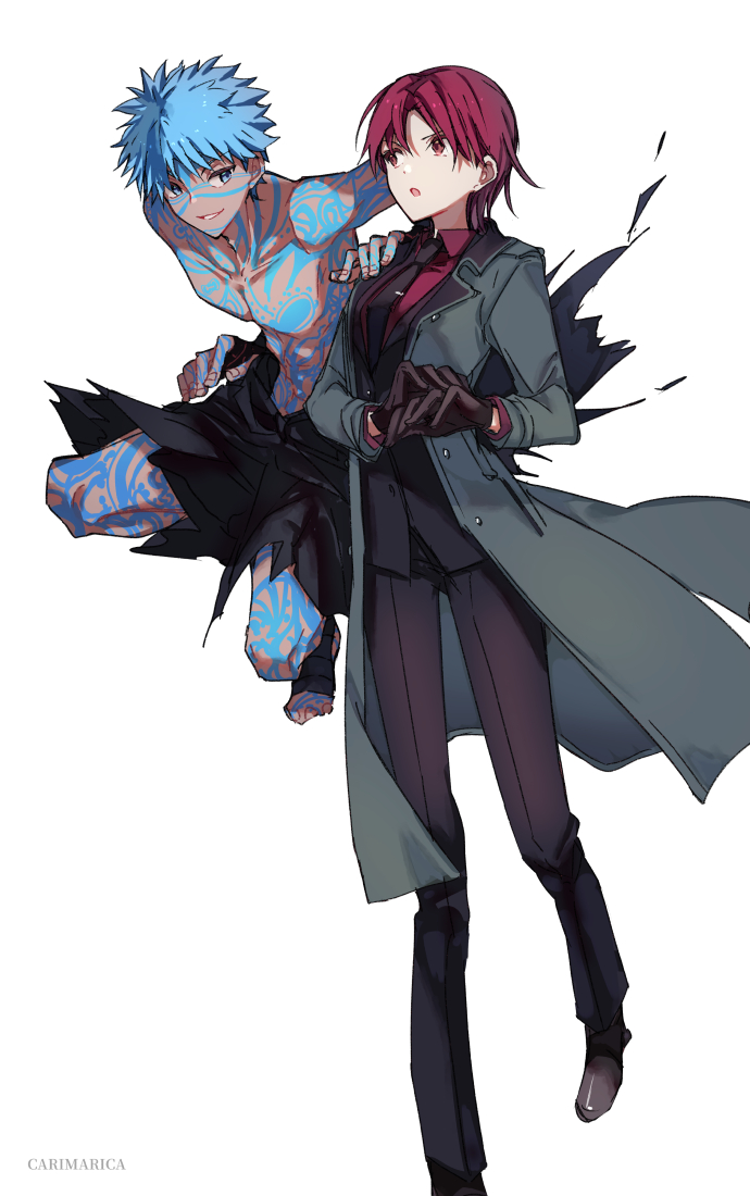 1boy, 1girl, :o, angra_mainyu_(fate), angra_mainyu_(third_ascension)_(fate), artist_name, bazett_fraga_mcremitz, black_footwear, black_gloves, black_necktie, black_pants, black_suit, blue_hair, blue_tattoo, buttons, carimarica, collared_shirt, commentary_request, dark-skinned_male, dark_skin, fate/grand_order, fate/hollow_ataraxia, fate_(series), fingernails, floating, formal_clothes, full-body_tattoo, gloves, grey_jacket, hand_on_another's_shoulder, jacket, long_sleeves, looking_at_another, manannan_mac_lir_(first_ascension)_(fate), muscular, muscular_male, necktie, open_clothes, open_jacket, pants, purple_hair, purple_shirt, shirt, short_hair, simple_background, smile, suit, tattoo, teeth, topless_male, white_background