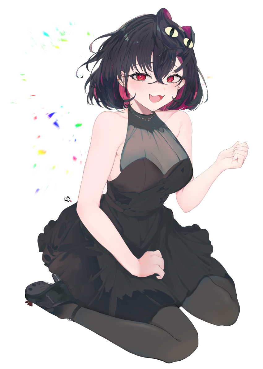 1girl, absurdres, black_dress, black_footwear, black_hair, black_pantyhose, breasts, clenched_hand