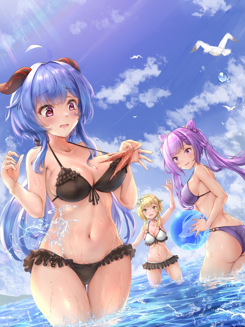 3girls, alternate_costume, animal, animal_on_chest, arm_up, ass, beach, bikini, bird, black_bikini, blonde_hair, blue_hair, blue_sky, blush, braid, breasts, cleavage, cloud, cloudy_sky, flower, frilled_bikini, frills, ganyu_(genshin_impact), genshin_impact, h_yoruneko, hair_flower, hair_ornament, hand_up, highres, horns, keqing_(genshin_impact), large_breasts, lumine_(genshin_impact), multiple_girls, navel, object_on_breast, ocean, open_mouth, outdoors, partially_submerged, pulling, purple_bikini, purple_eyes, purple_hair, sideboob, sky, starfish, sunlight, swimsuit, water, waving, wet, white_bikini