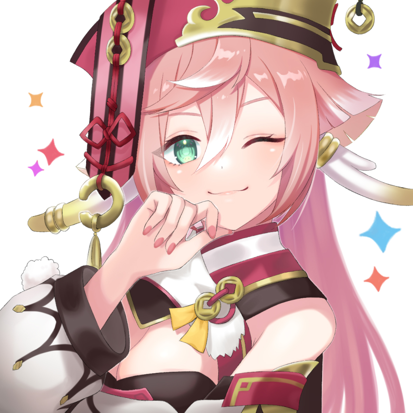 1girl, ;), antlers, bare_shoulders, breasts, cleavage, genshin_impact, green_eyes