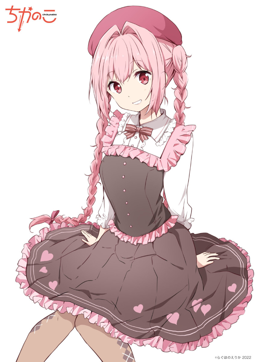 1girl, argyle_clothes, argyle_pantyhose, arm_support, beret, black_dress, bow, braid