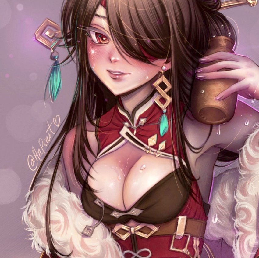 1girl, anpsart, beidou_(genshin_impact), breasts, brown_hair, cleavage, commentary, earrings, english_commentary, genshin_impact, hair_ornament, hair_over_one_eye, hairpin, highres, jewelry, jug_(bottle), long_hair, looking_at_viewer, medium_breasts, parted_lips, red_eyes, solo, swept_bangs, tassel, tassel_earrings, upper_body
