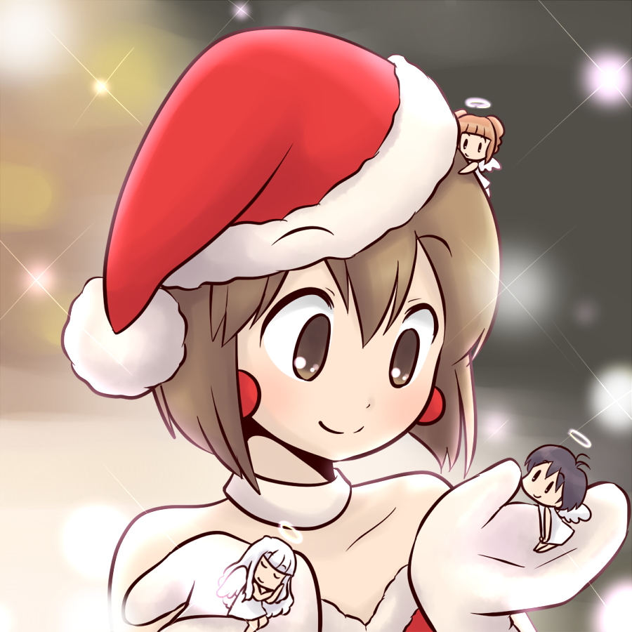 4girls, angel, angel_wings, bare_shoulders, black_hair, bob_cut, brown_eyes, brown_hair