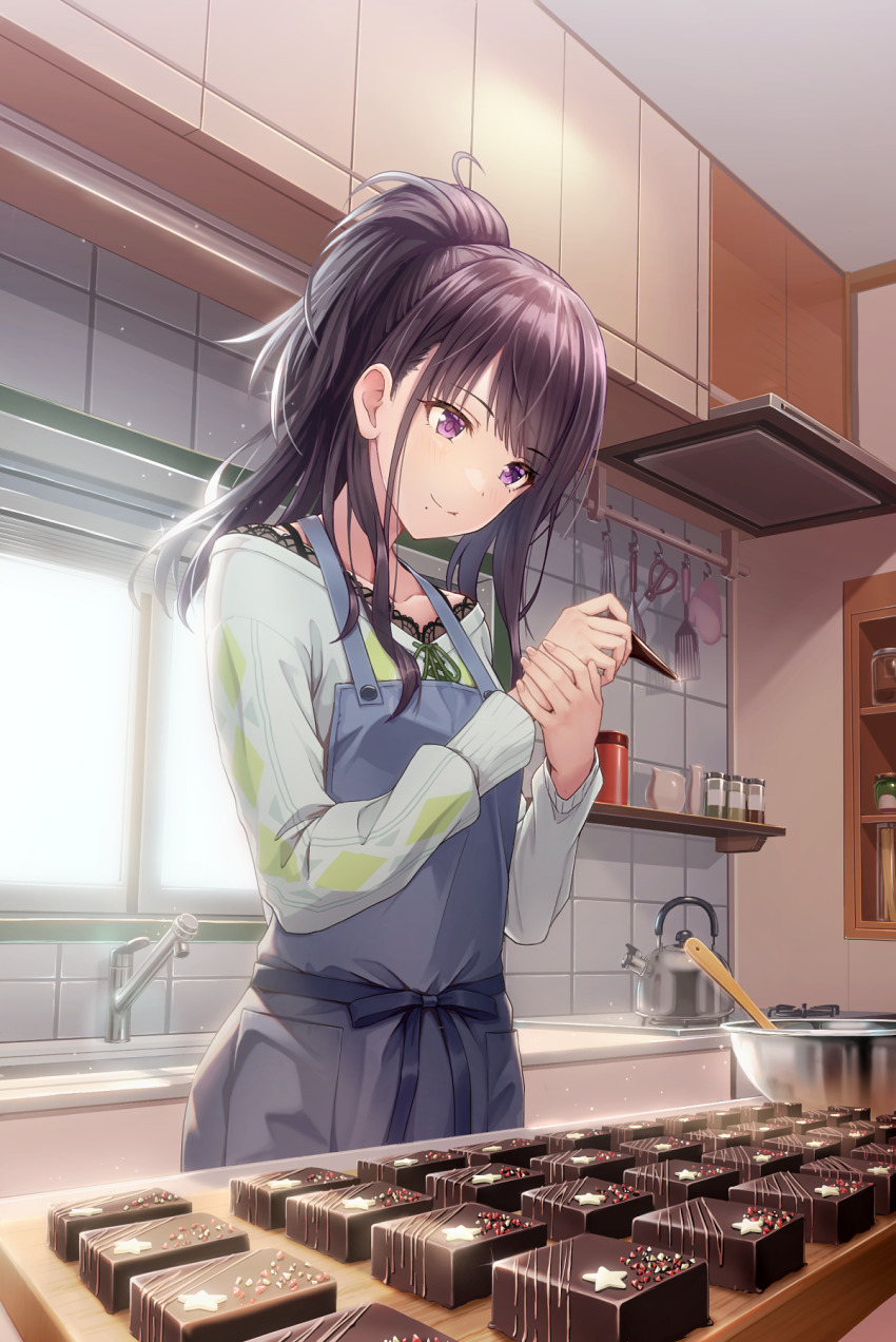 1girl, apron, backlighting, baking, black_hair, blue_apron, blush, bowl