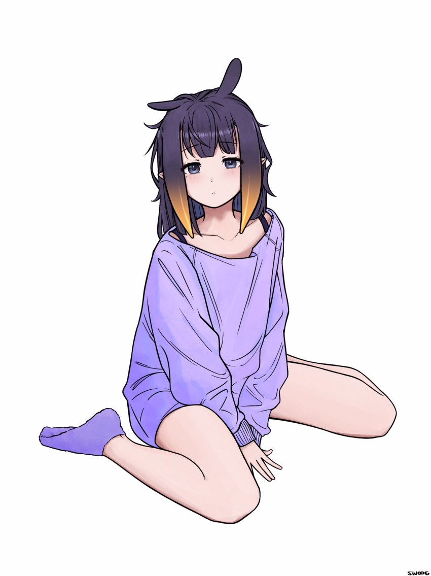 1girl, alternate_costume, animal_ears, artist_name, bags_under_eyes, bare_legs, between_legs, black_eyes, black_hair, blush, collarbone, commentary, english_commentary, full_body, gradient_hair, hand_between_legs, highres, hololive, hololive_english, long_hair, looking_at_viewer, messy_hair, mole, mole_under_eye, multicolored_hair, ninomae_ina'nis, orange_hair, own_hands_together, parted_lips, pointy_ears, purple_footwear, purple_shirt, shirt, signature, simple_background, sitting, sleepy, socks, solo, swoog, tentacle_hair, thighs, two-tone_hair, virtual_youtuber, wariza, white_background