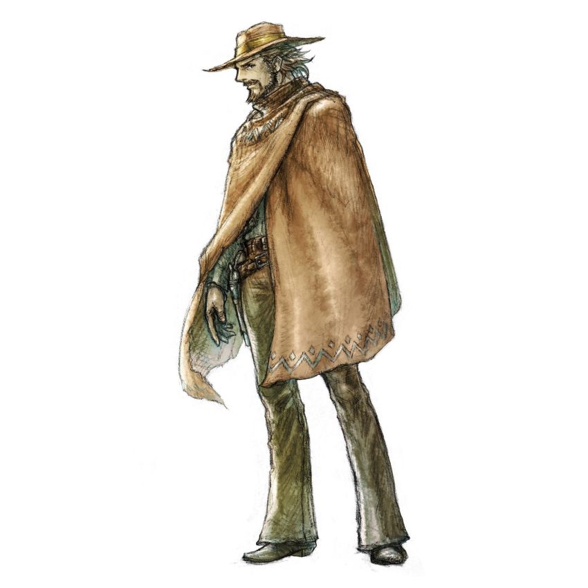 1boy, beard, brown_hair, cowboy, cowboy_hat, cowboy_western, facial_hair, gun